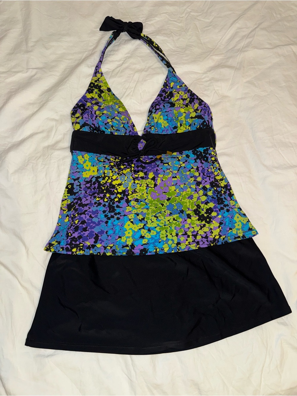 Halter Tankini Swim Top and Skirt - Floral Multi black aqua purple green small 8